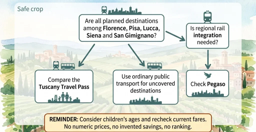 Decision diagram for choosing between a Tuscany tourist pass, public buses and integrated transport Decision diagram for choosing between a Tuscany tourist pass, public buses and integrated transport