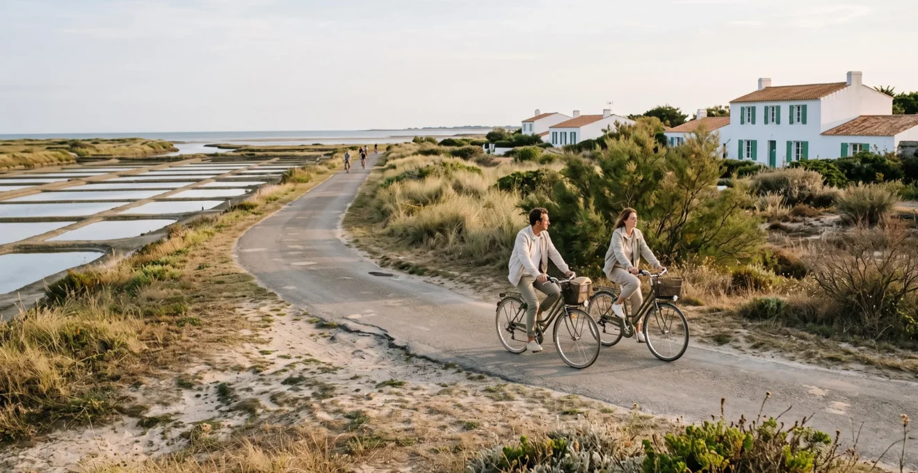 A couple cycles along a quiet coastal path on Île de Ré in September.