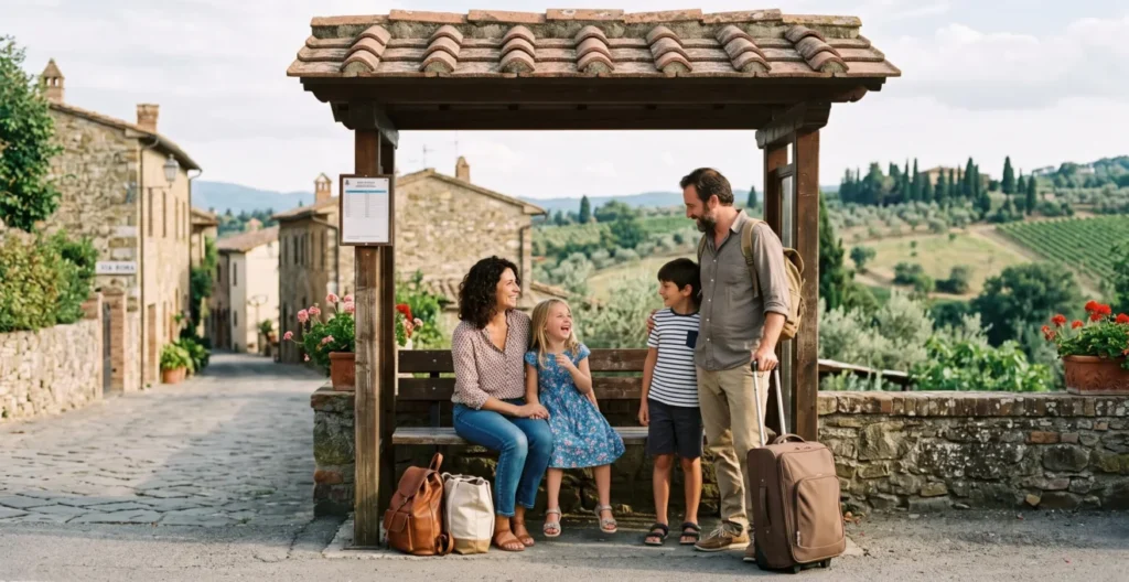 Parents and children waiting for a bus during a Tuscany sightseeing trip Parents and children waiting for a bus during a Tuscany sightseeing trip