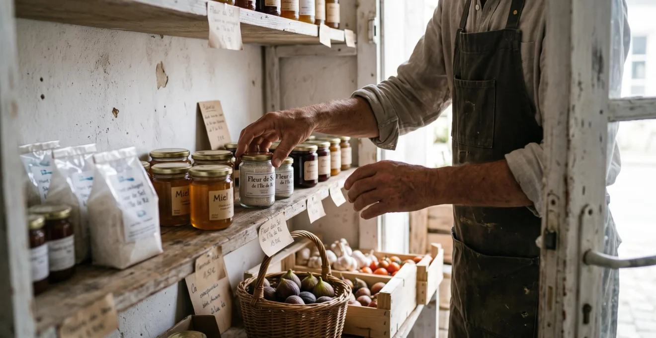 A shopkeeper arranges fresh produce on wooden shelves in a small island shop.