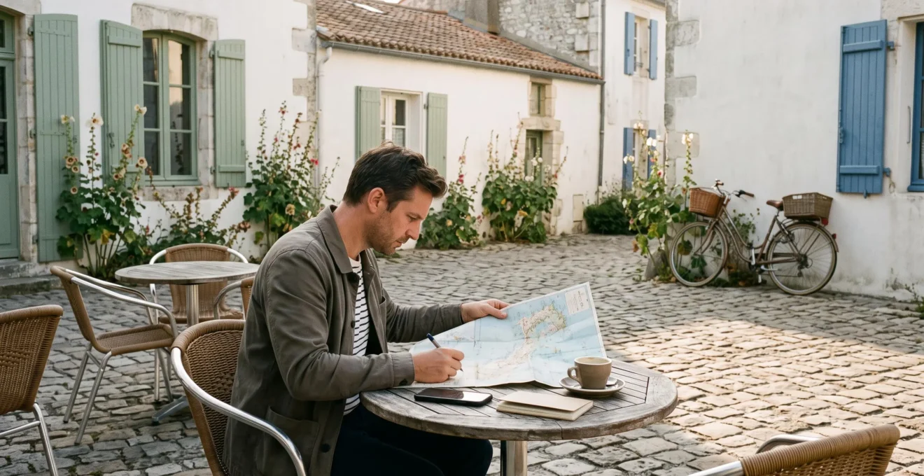 A traveler plans a day itinerary at a quiet outdoor café table.