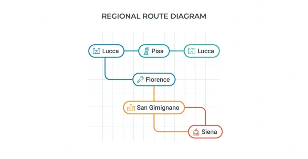Diagram showing Florence, Pisa, Lucca, Siena and San Gimignano connected by two Tuscany bus routes Diagram showing Florence, Pisa, Lucca, Siena and San Gimignano connected by two Tuscany bus routes